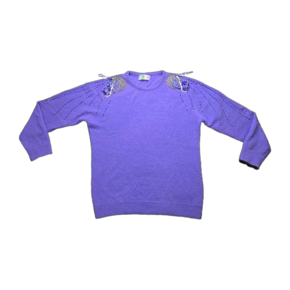 Beaded Angora Blend Sweater Purple Soft Knit Embellished Vintage Style
